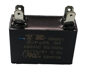 Capacitor Polipropileno 2uF x 450Vac 50/60Hz Plástico Faston CBB61 TK