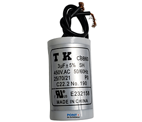 Capacitor Polipropileno 3uF x 450Vac 50/60Hz Plástico Fio TK CBB60